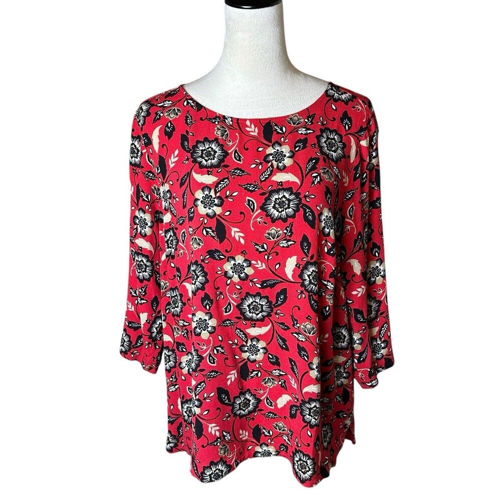 J. Jill Red Floral Stretch Tunic Blouse 3/4 Sleeve Boat Neck Relaxed Top Size XL
